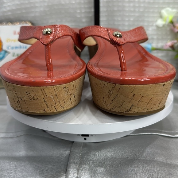 (E3) COACH GEORGINA Women's Orange Cork Wedge Sandals,Sz 9B, Embossed C- Leather - Picture 5 of 13